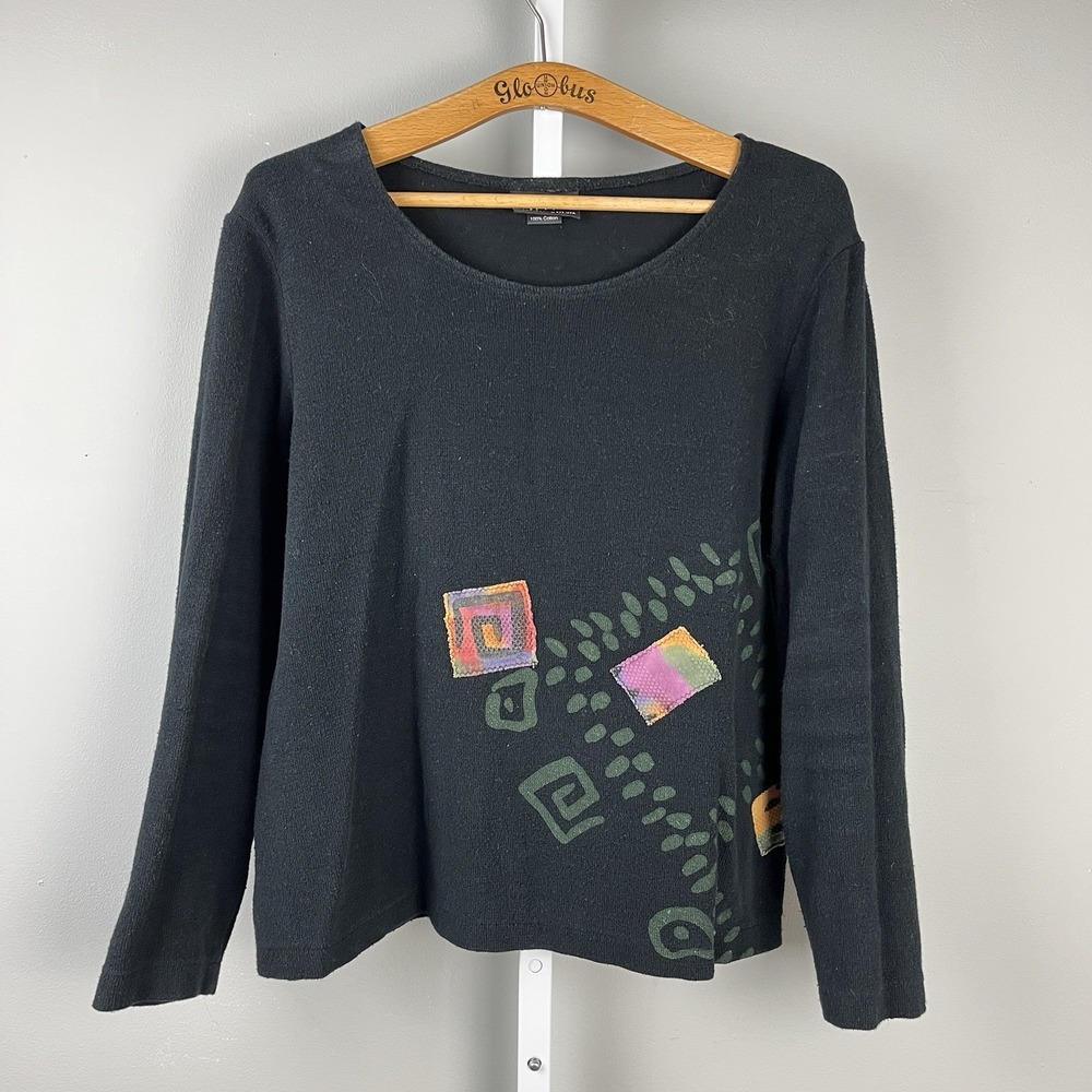 AHNI Black Artsy Applique Knit Top Size 1 Womens M Long‎ Sleeve Pullover